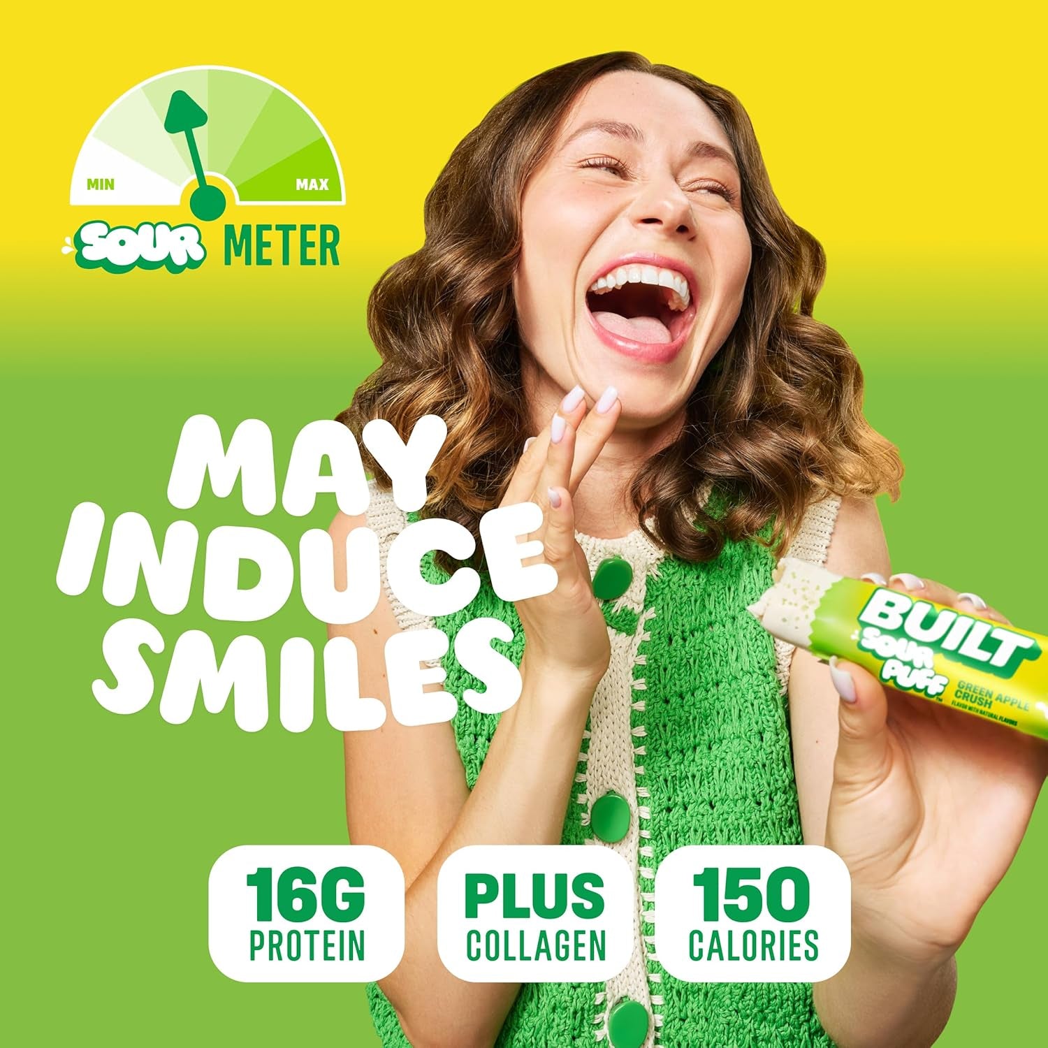 BUILT Sour Puff Protein Bars - Green Apple Crush - 16G Protein - Collagen - 12CT