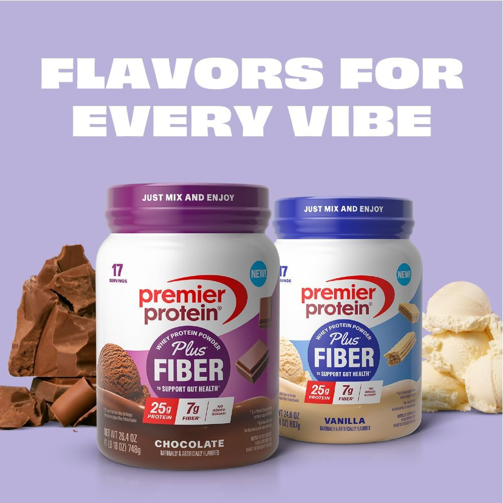 Powder plus Fiber, Chocolate, 25G Protein, 7G Fiber to Support Gut Health, No Added Sugar (17 Servings)