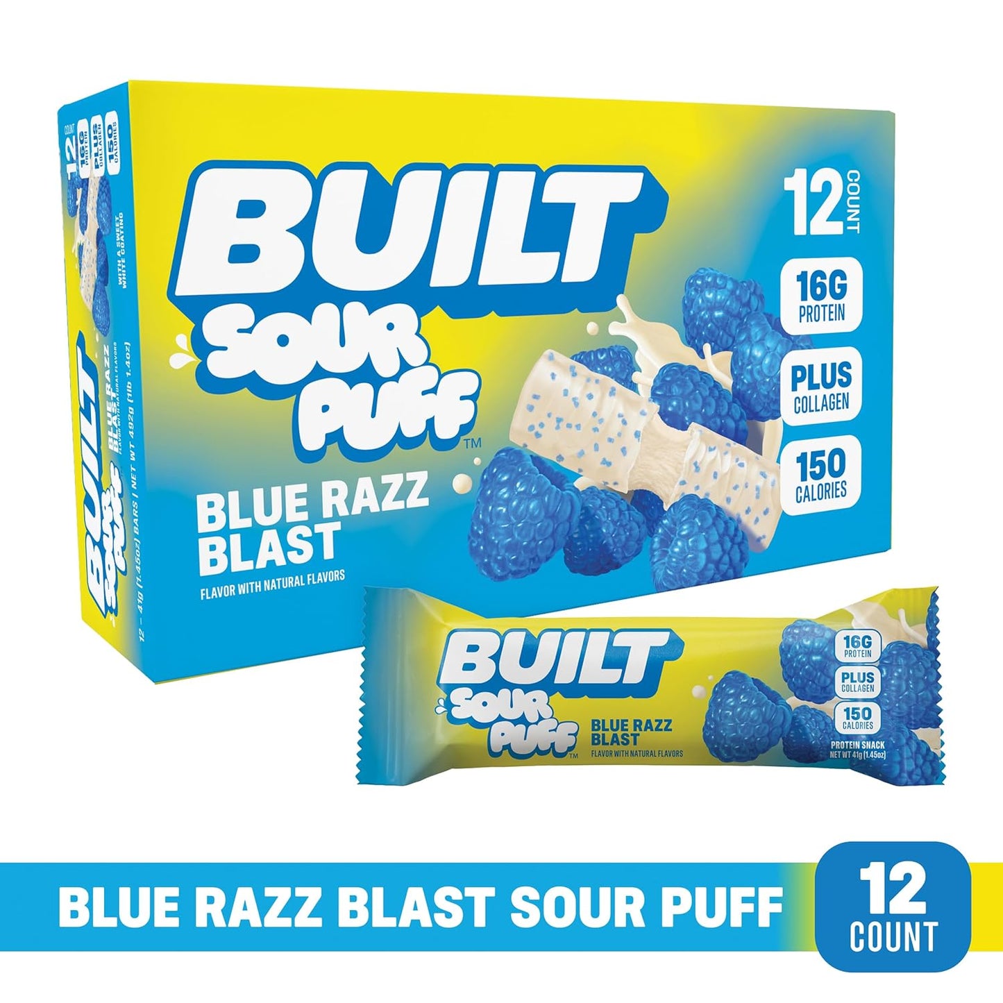 BUILT Sour Puff Protein Bars - Blue Razz Blast - 16G Protein - Collagen - 12CT