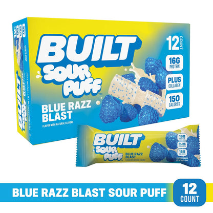 BUILT Sour Puff Protein Bars - Blue Razz Blast - 16G Protein - Collagen - 12CT