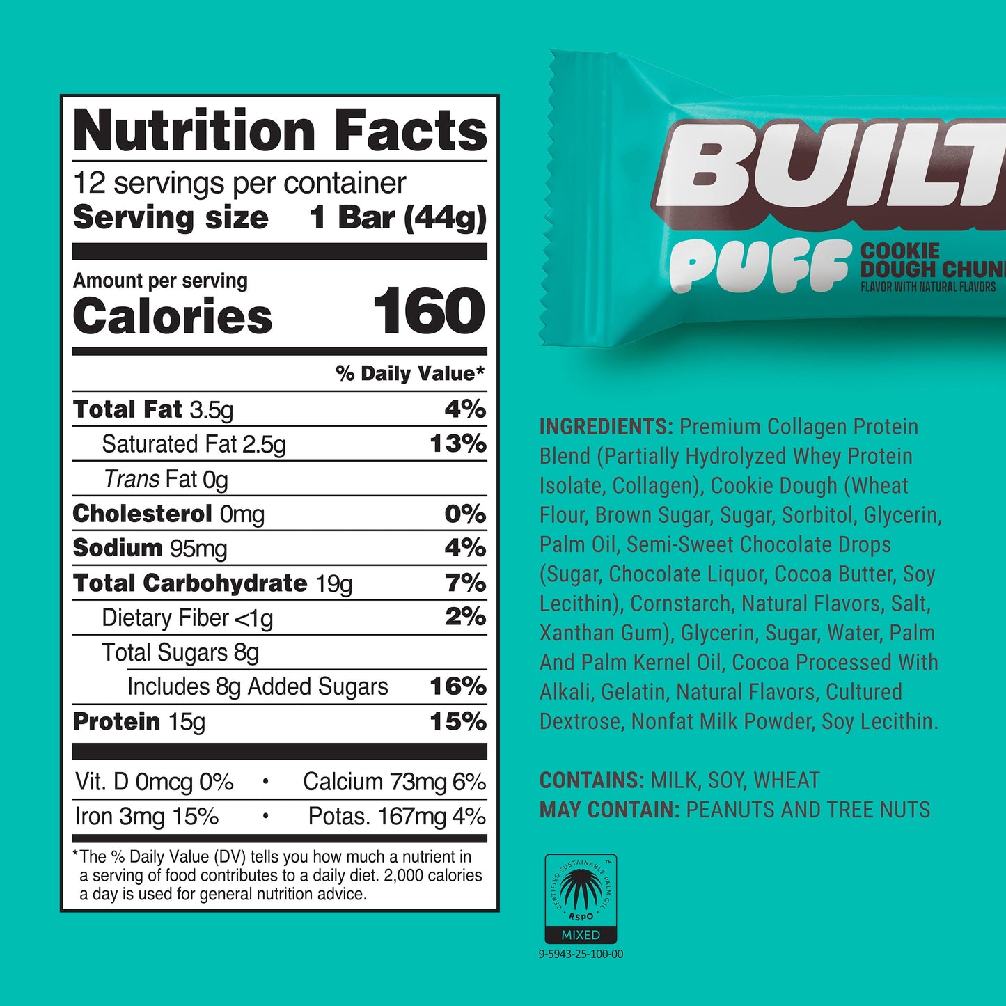 BUILT Puff Protein Bars - Cookie Dough Chunk - 17G Protein - Collagen - 12CT