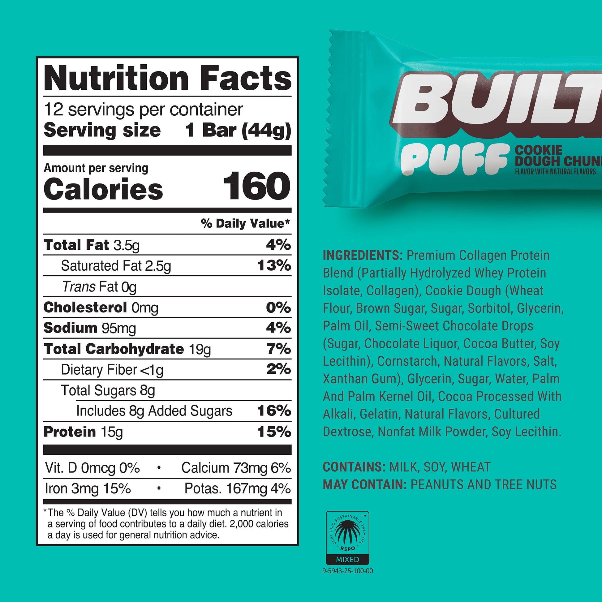 BUILT Puff Protein Bars - Cookie Dough Chunk - 17G Protein - Collagen - 12CT