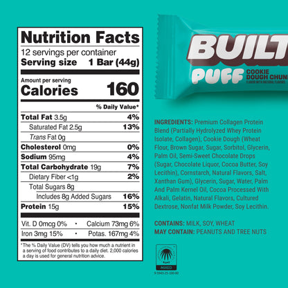 BUILT Puff Protein Bars - Cookie Dough Chunk - 17G Protein - Collagen - 12CT