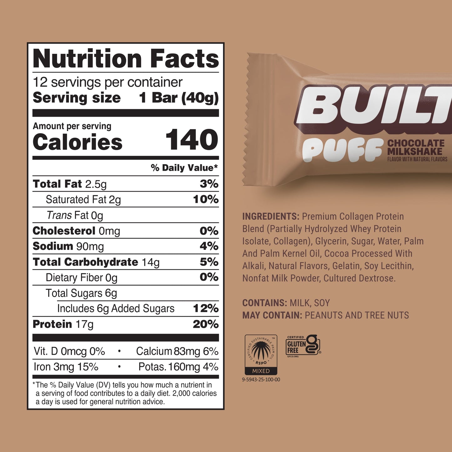 BUILT Puff Protein Bars - Chocolate Milkshake - 17G Protein - Collagen - 12CT