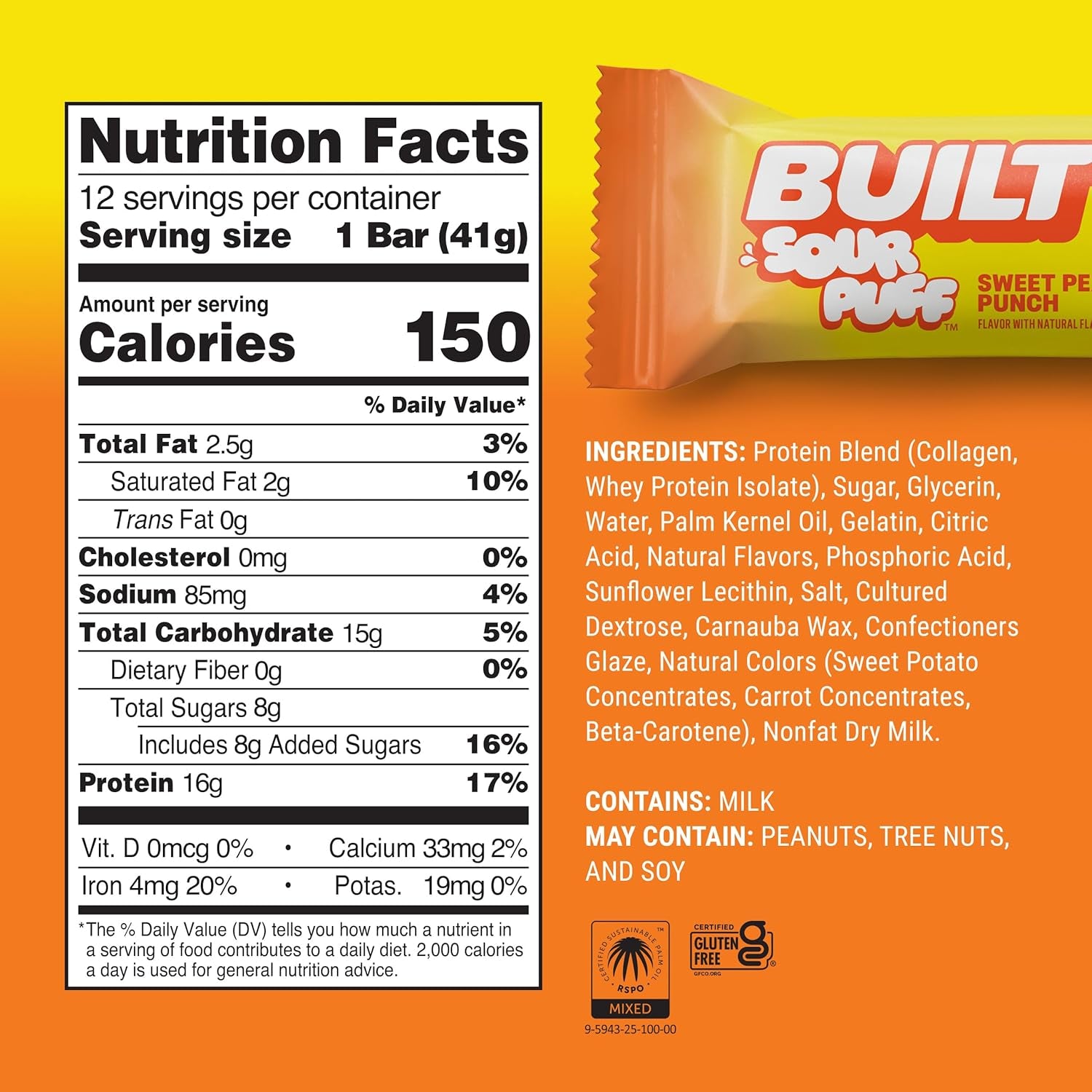 BUILT Sour Puff Protein Bars - Sweet Peach Punch - 16G Protein - Collagen -12CT