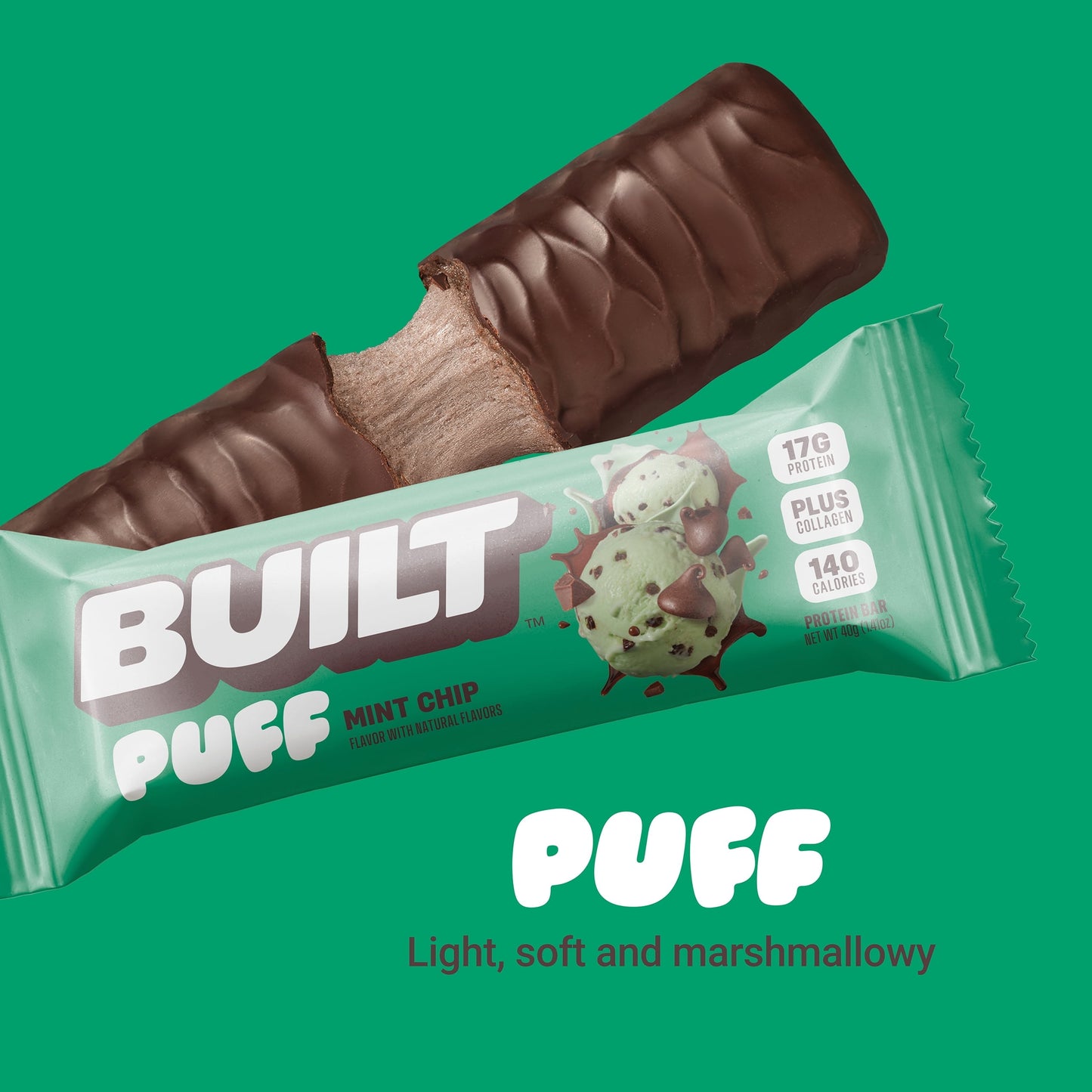 , Puff Protein Snack Bars, Mint Chip, 17G Protein, Collagen, Gluten Free, 12Ct Box