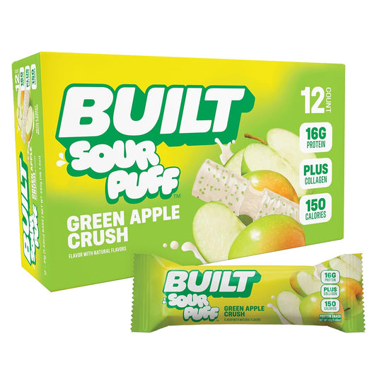BUILT Sour Puff Protein Bars - Green Apple Crush - 16G Protein - Collagen - 12CT