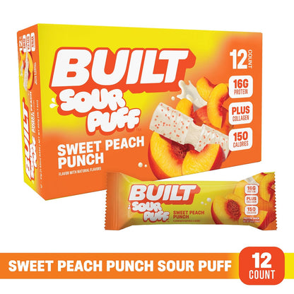 BUILT Sour Puff Protein Bars - Sweet Peach Punch - 16G Protein - Collagen -12CT