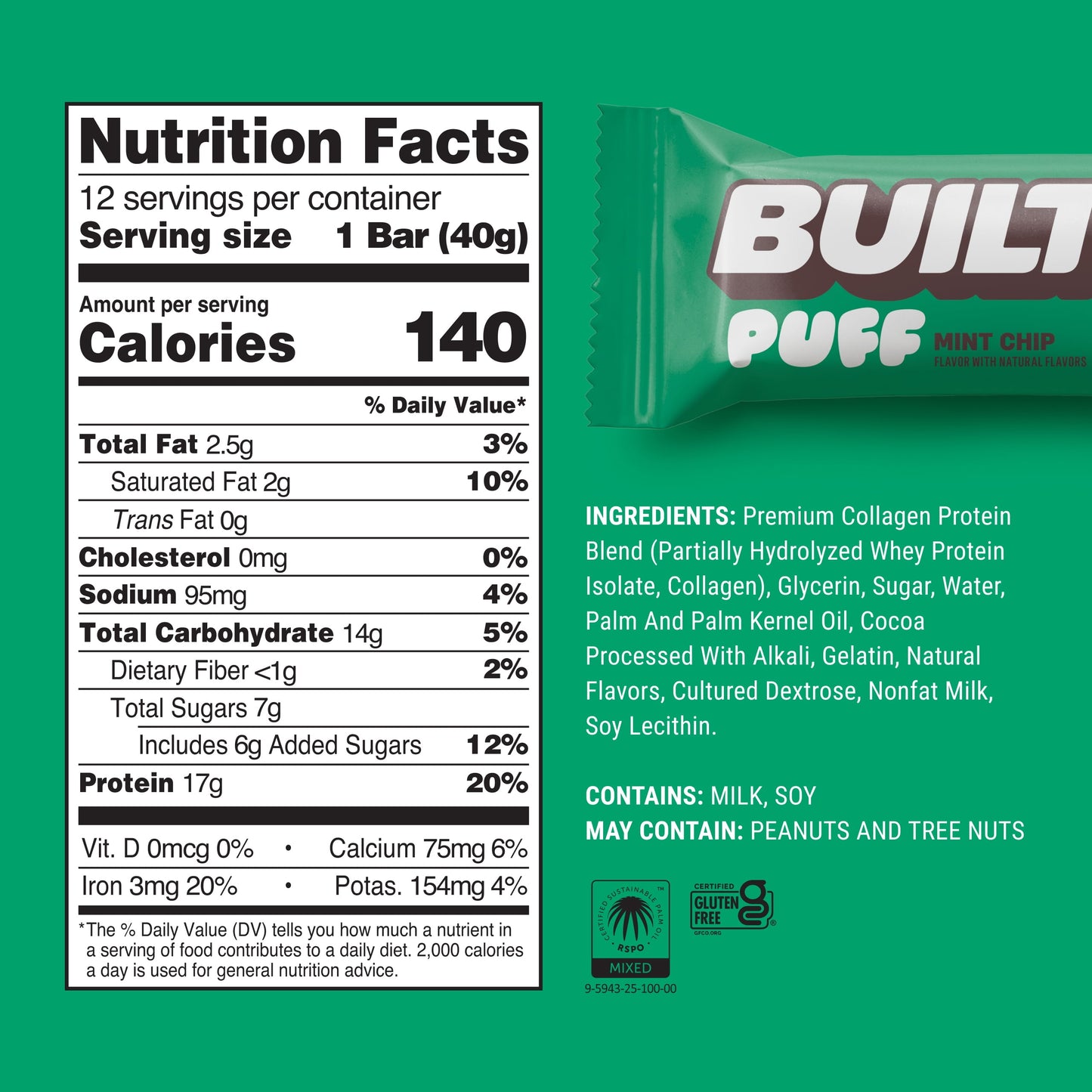 , Puff Protein Snack Bars, Mint Chip, 17G Protein, Collagen, Gluten Free, 12Ct Box