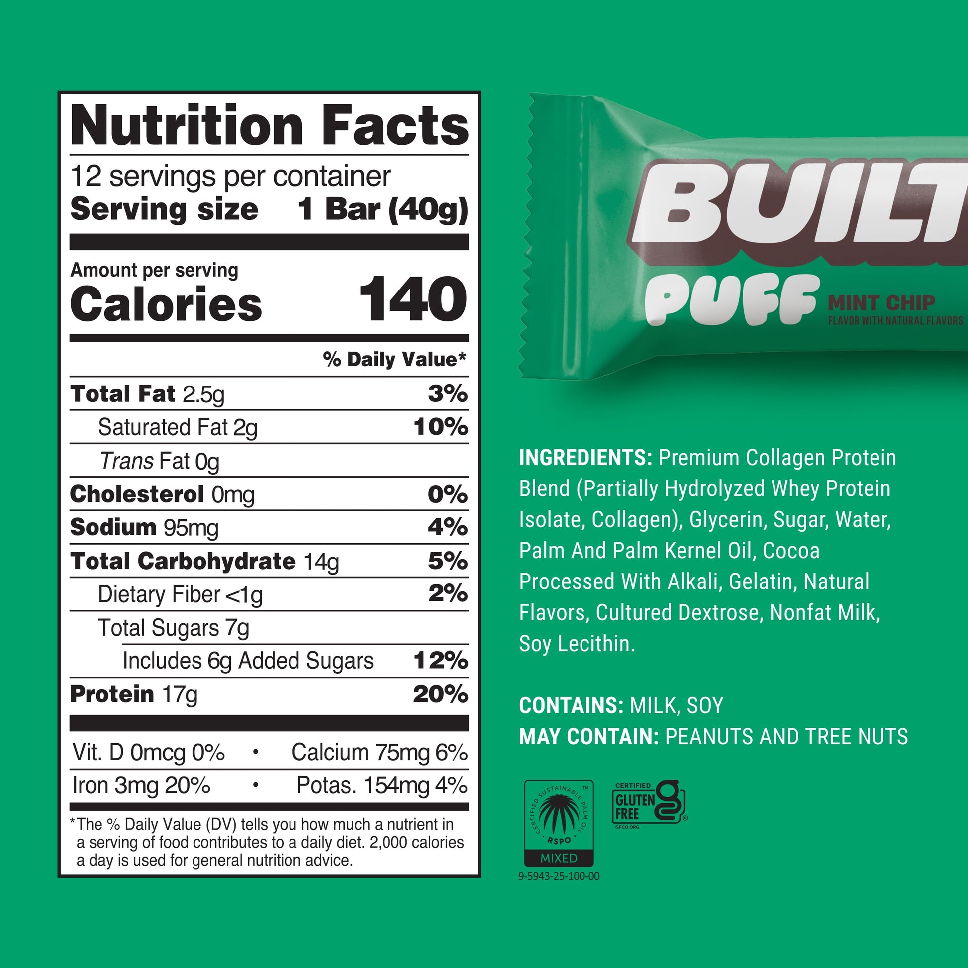 , Puff Protein Snack Bars, Mint Chip, 17G Protein, Collagen, Gluten Free, 12Ct Box