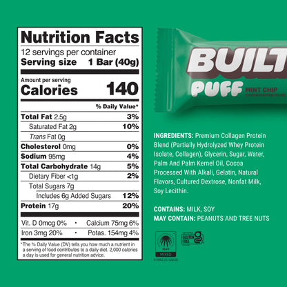 , Puff Protein Snack Bars, Mint Chip, 17G Protein, Collagen, Gluten Free, 12Ct Box