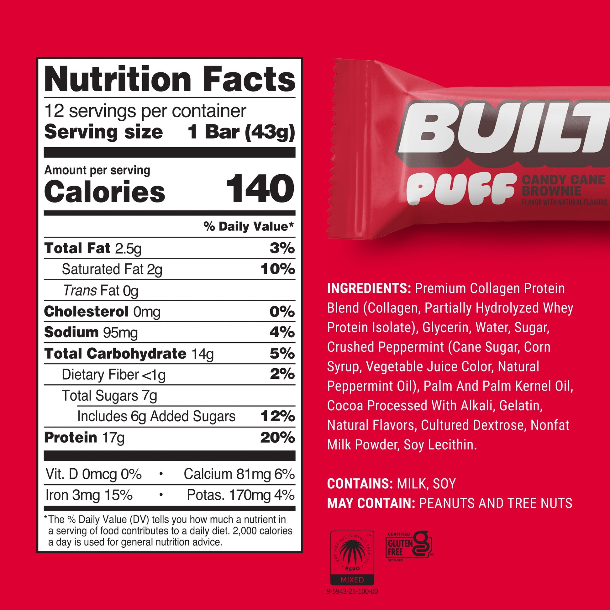 BUILT Puff Protein Bars - Candy Cane Brownie - 17G Protein - Collagen - 12CT