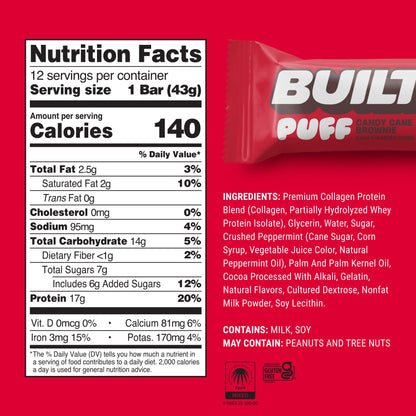 BUILT Puff Protein Bars - Candy Cane Brownie - 17G Protein - Collagen - 12CT