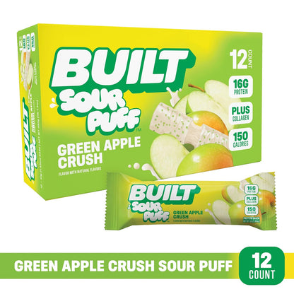 BUILT Sour Puff Protein Bars - Green Apple Crush - 16G Protein - Collagen - 12CT